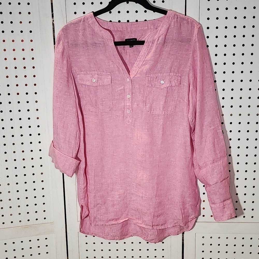 Talbots Size M Medium 100% Linen Pink V-neck Lightweight